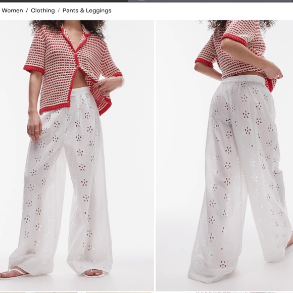 TOPSHOP Cotton Eyelet Wide Leg Cover-Up Pants (Size 4-6) - Picture 1 of 7